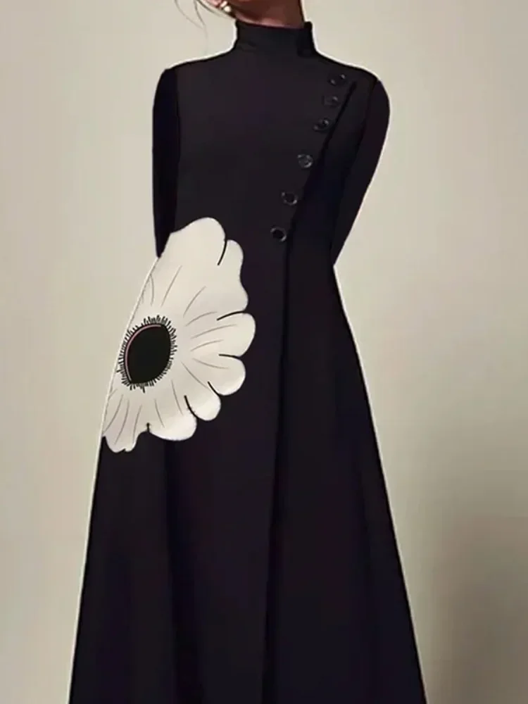 Bonboho Women\'s Long Sleeves Floral Printed Dress Stand Collar High Waist A-line Pleated Party Dresses Female Autumn Dress