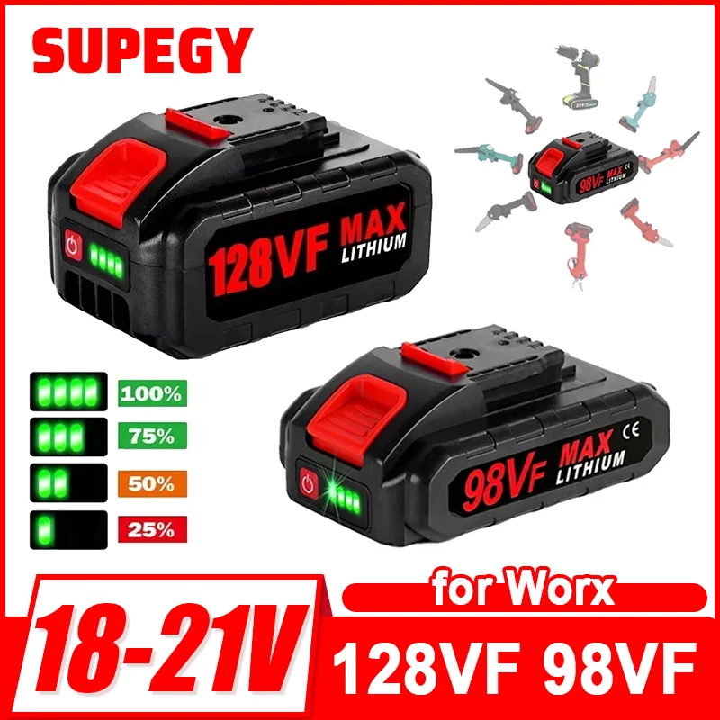 21V 128VF 98VF Rechargeable Lithium Battery for Worx Chainsaw Reciprocating Saw Power Tools Replacement 36VF 48VF 88VF Battery