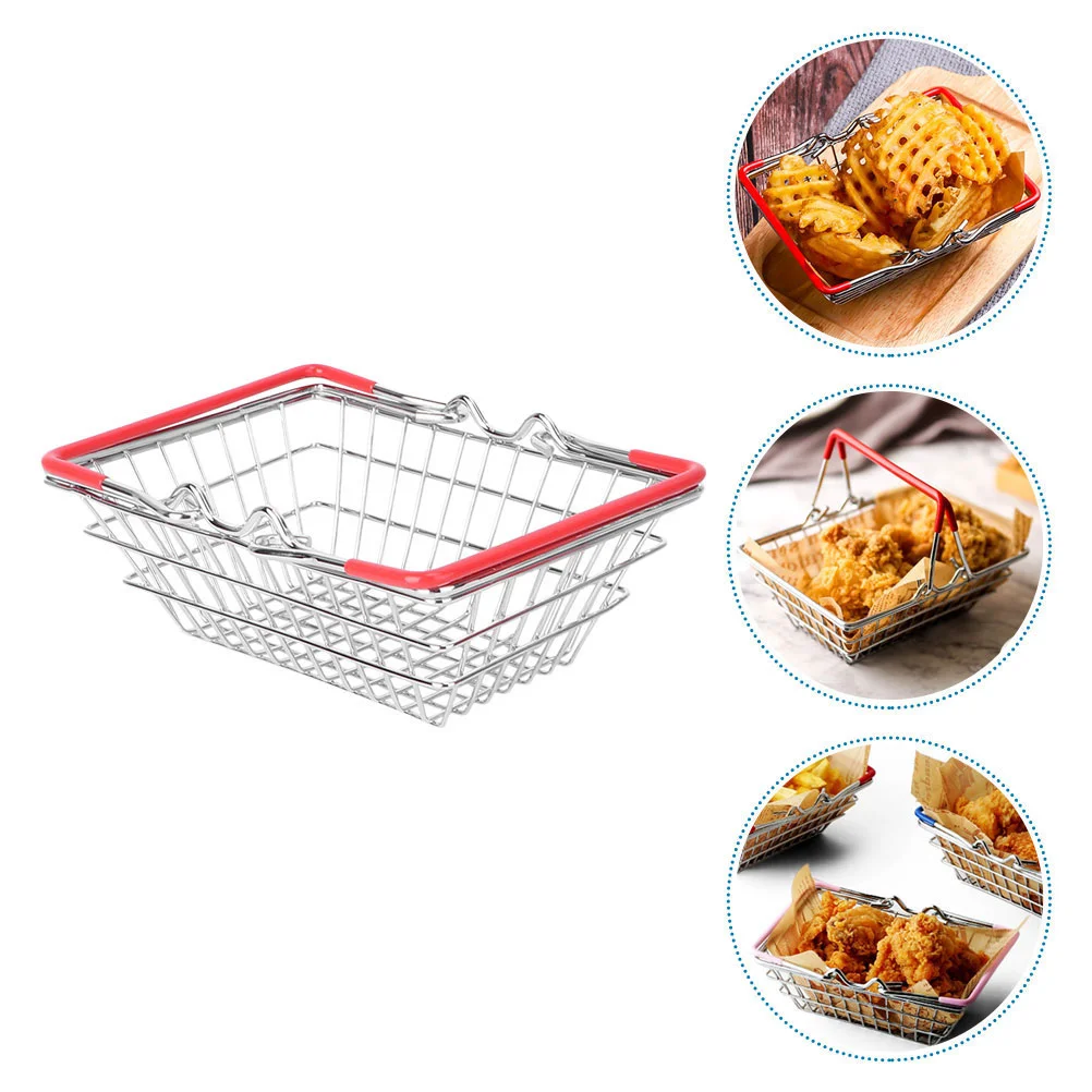 Mini Shopping Basket 14.5x10.5x6cm Compact Stainless Steel Toy Hamper for Kids Play House Storage Red Small Handle