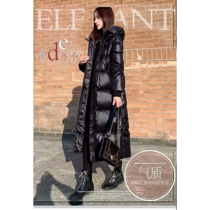 Parka negra brillante para mujer, Chaqueta larga holgada con capucha gruesa a prueba de viento y lluvia, prendas de vestir cálidas a la moda para invierno, 2023