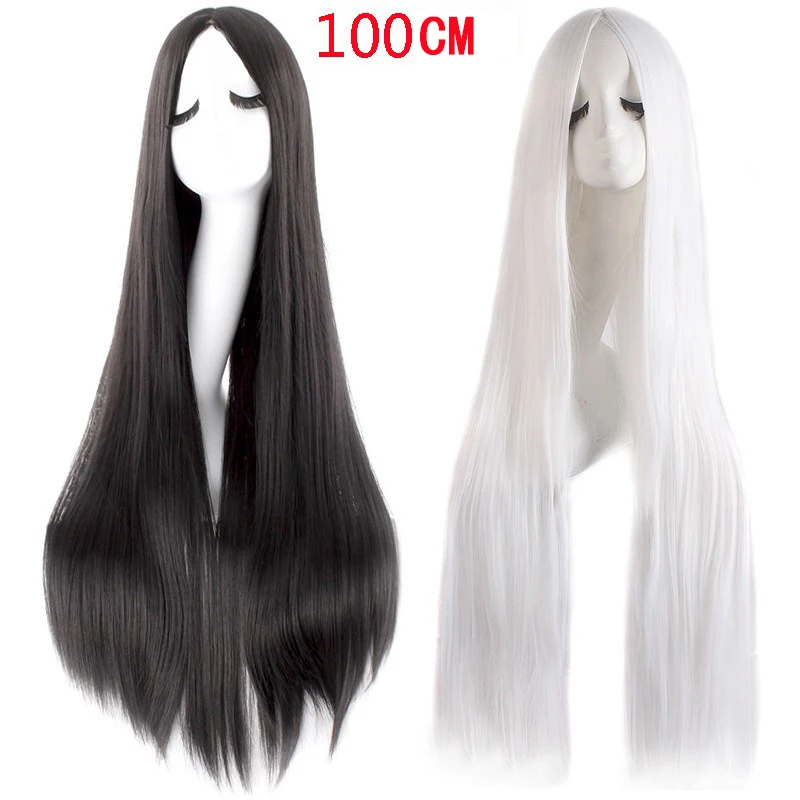 

100CM Wig Human Hair Black White Straight High-temperature Silk Bar Nightclub Appointment Festival Party Daily Wear Full Wigs