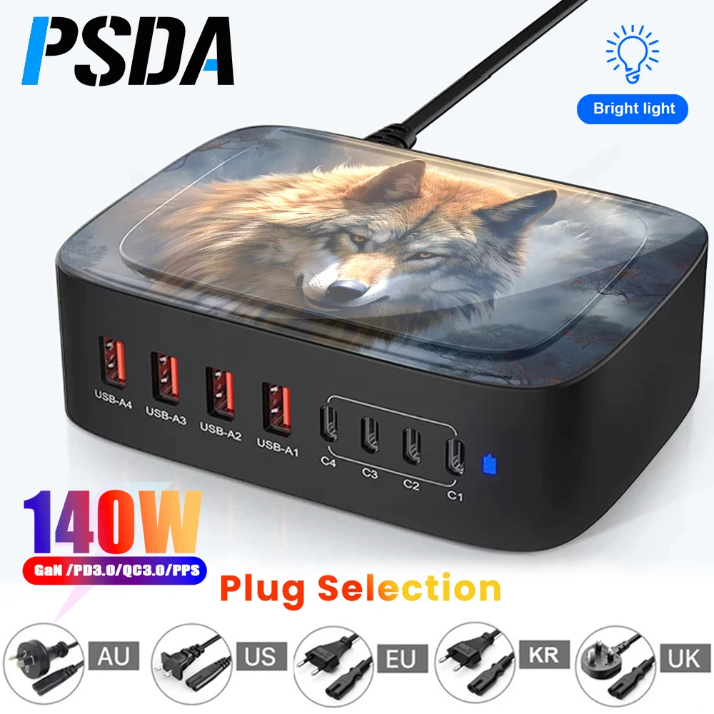 

PSDA 3D UV 140W Multi USB C PPS QC3.0 Fast Charger 8Port Desktop Charge For MacBook Laptop Pro Phone Iphone 15 14 Mobile