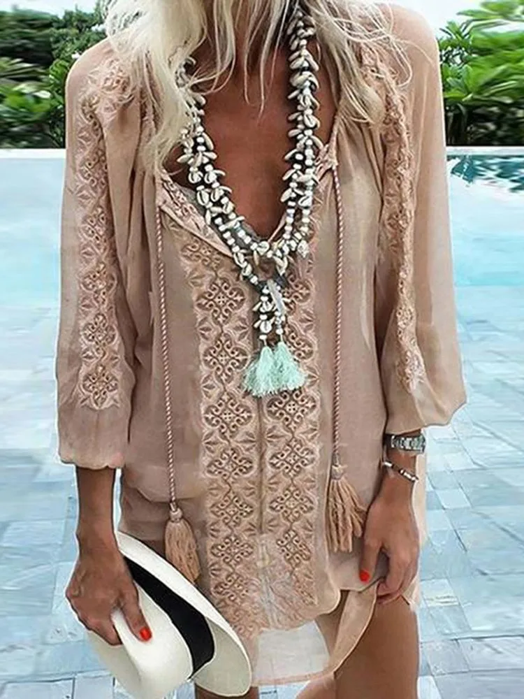 

Solid Color Splicing Long Sleeve Loose Large Size Top Chiffon Skirt 2026 Summer New Fashion Casual V-neck Printed Dress Female