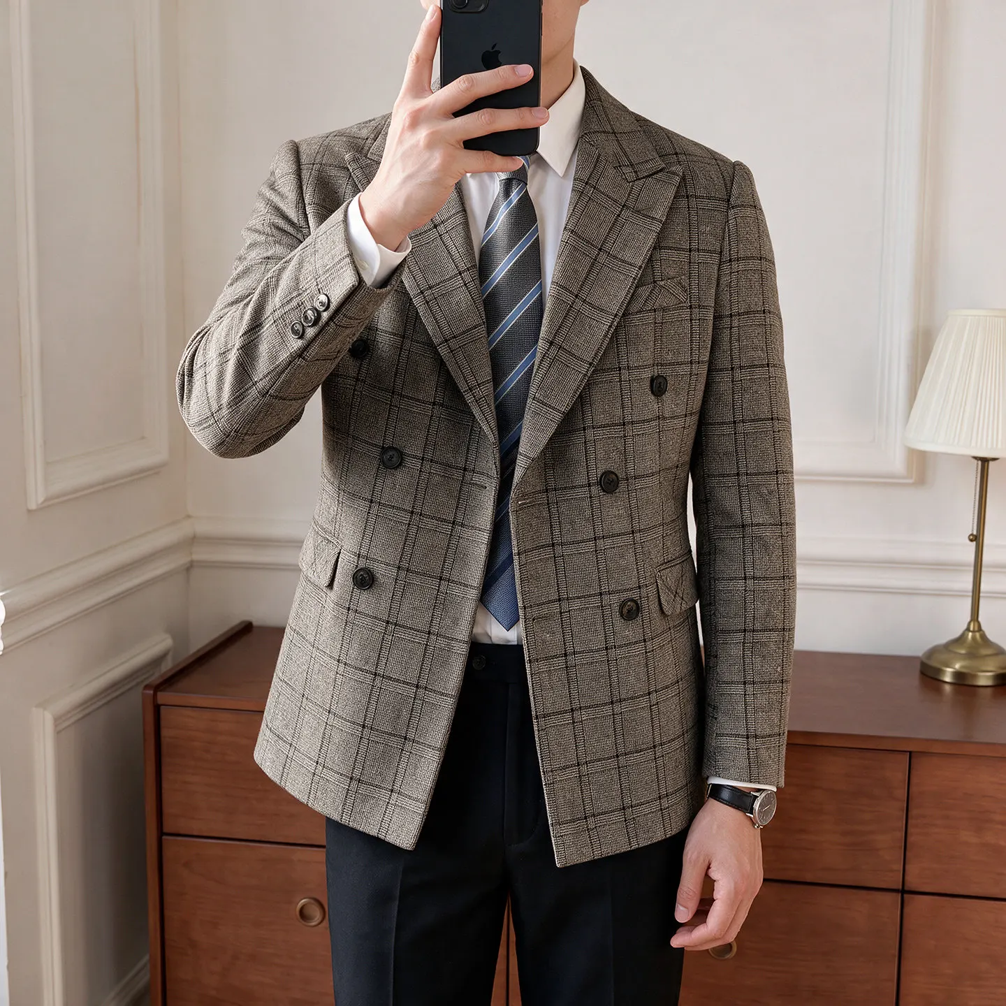 Vintage Double Breasted Plaid Suit Jacket for Men Commuting Business Casual Men Blazers Social Banquet Wedding Dress Costs