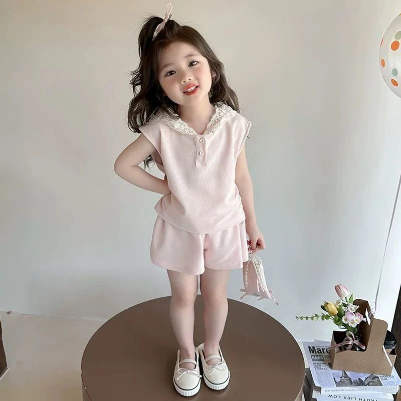 Girls Lace Hoodie Vest Shorts Set Summer Sweet Solid Color 2 Piece Outfit Cute Casual Tracksuit For Little Girls Holiday Wear