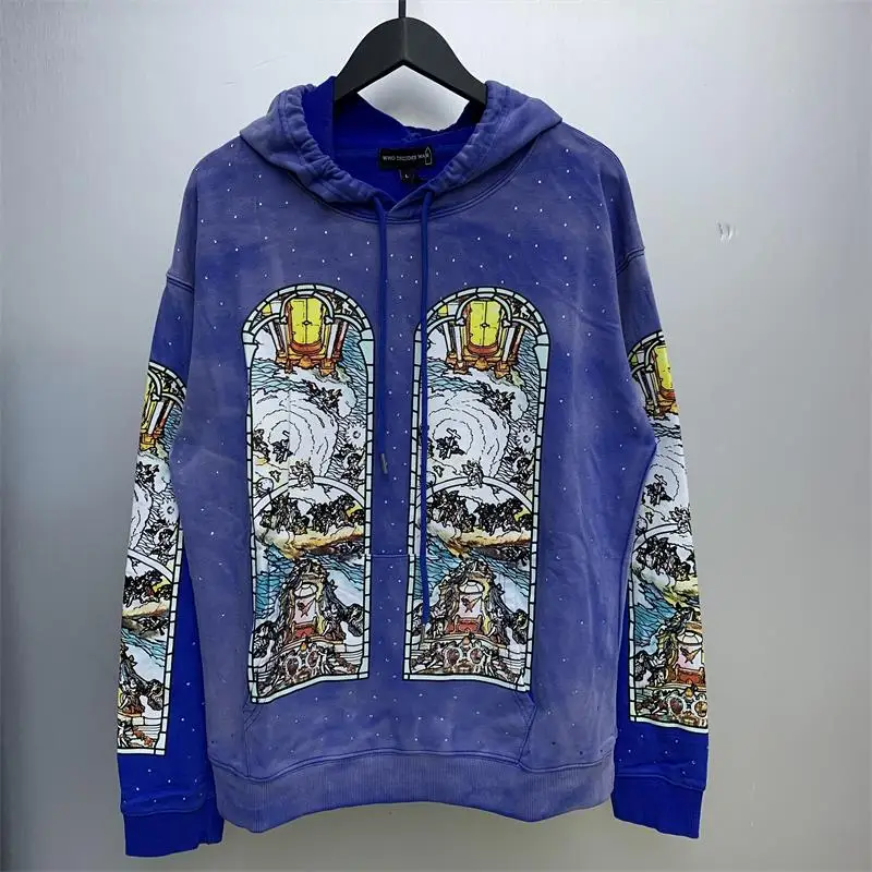 Oversize Washed WHO DECIDES WAR Cream Blue Hoodie Men Women Diamond Inlay Vintage Long Sleeve Hooded