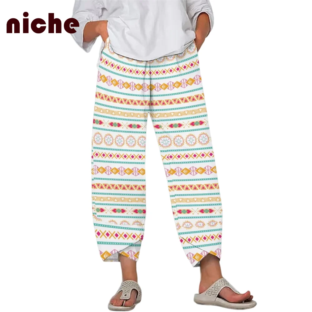 Casual Ladies Beach Pants Retro Wreath Graphic Printing High Quality Bamboo Hemp Fabric Soft Trend New Wide Leg Pants