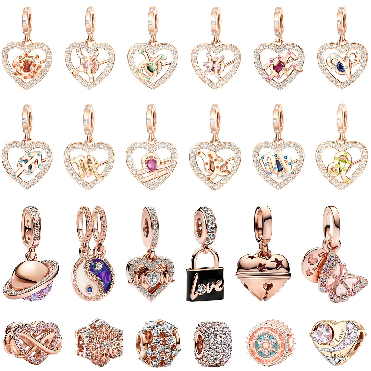 

Sparkling 925 Sterling Silver Charms Rose Gold Snowflake Heart Birthstone Bead For Women Necklace DIY Bracelet Present Jewellery