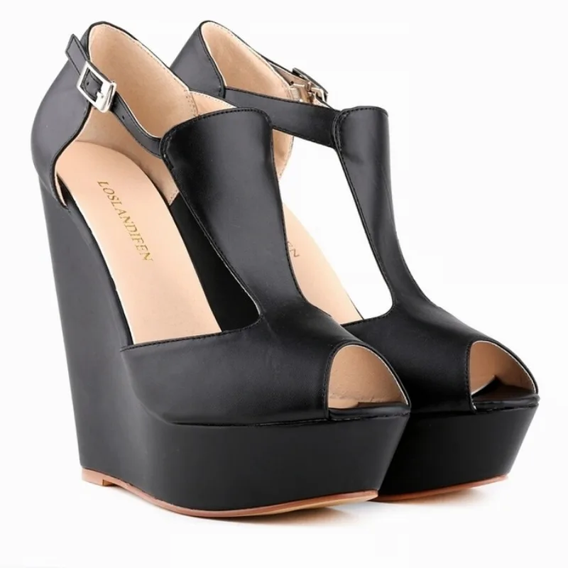 LOSLANDIFEN Plus Size Wedding Bridal Women Pumps Platform PU 10CM Wedges high heels Elegant High Quality Women Shoes black