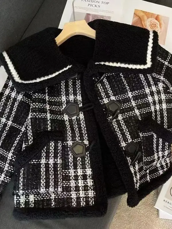 

Женская фланелевая куртка в клетку больших размеров Thiened Loose ort Sve с высокой талией, зимняя поездка на работу, корейская версия, детали на пуговицах