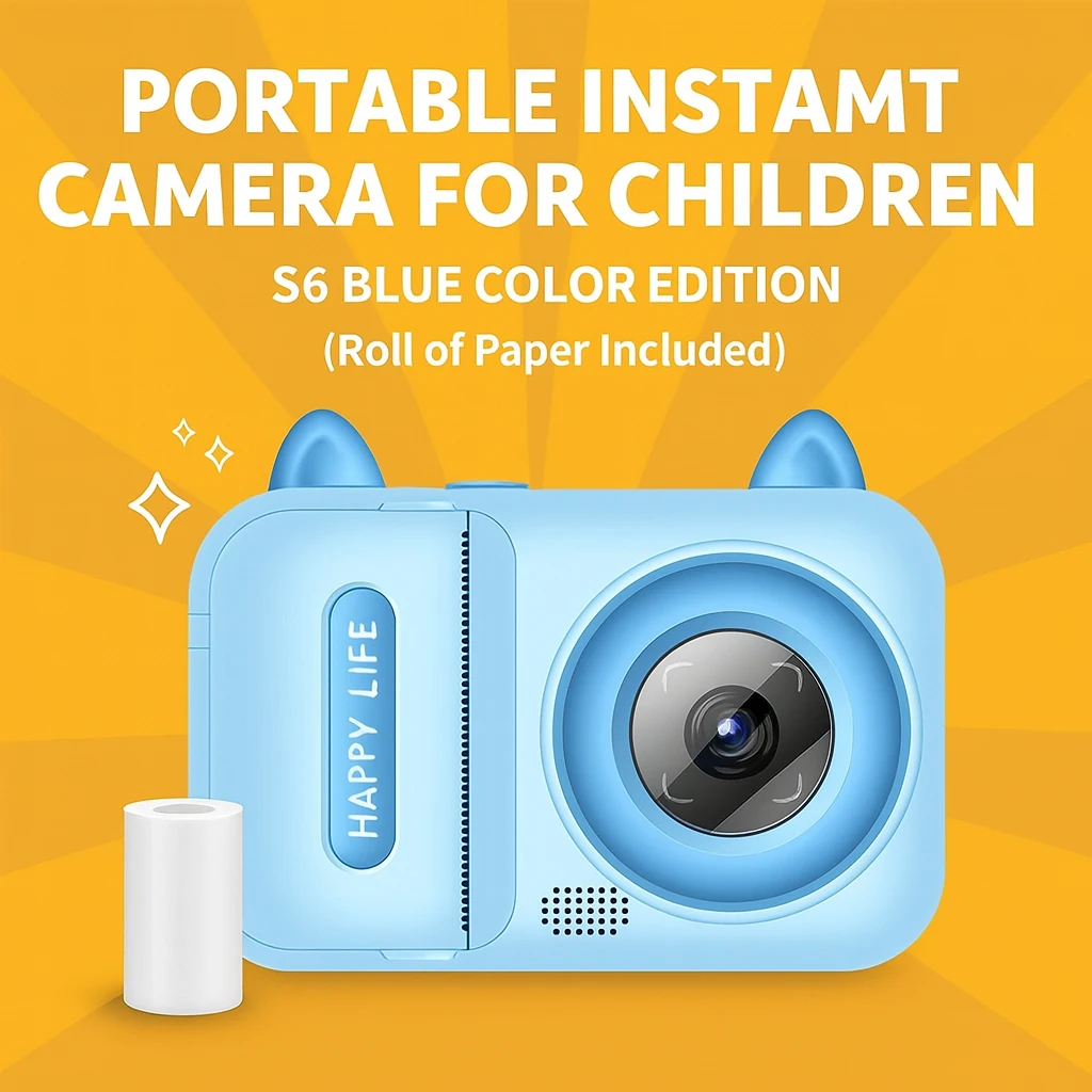 كاميرا طباعة فورية للأطفال S6-عدسة مزدوجة/1080P فيديو/موسيقى/ألعاب/طباعة حرارية 1 لفة ورق متضمن