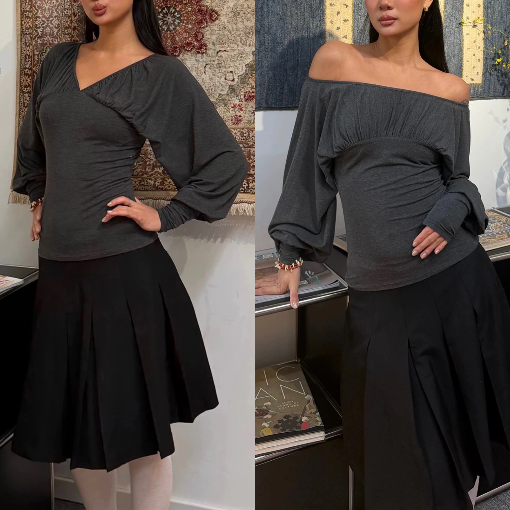 

Paw Dark Gray V-Neck Base Top, Pleated Patchwork Slim Long-Sleeve Top, Reversible Lamb Sleeve Top, Sexy Long-Sleeve Top for Commuting and Outerwear