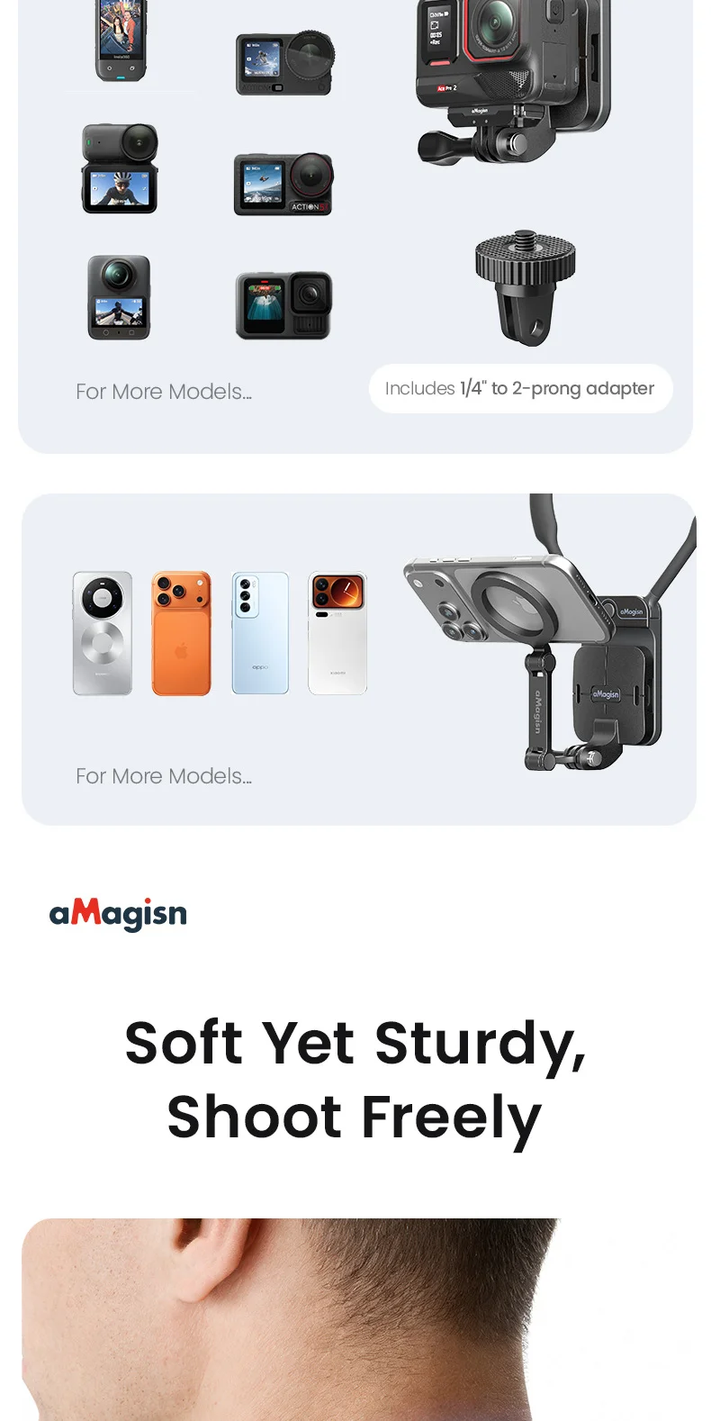 aMagisn AM21/AM56 Unsichtbare Magnetische Nackenhalterung für Actionkamera und Mobiltelefon-Ständer AM25/AM57 – Detail 10
