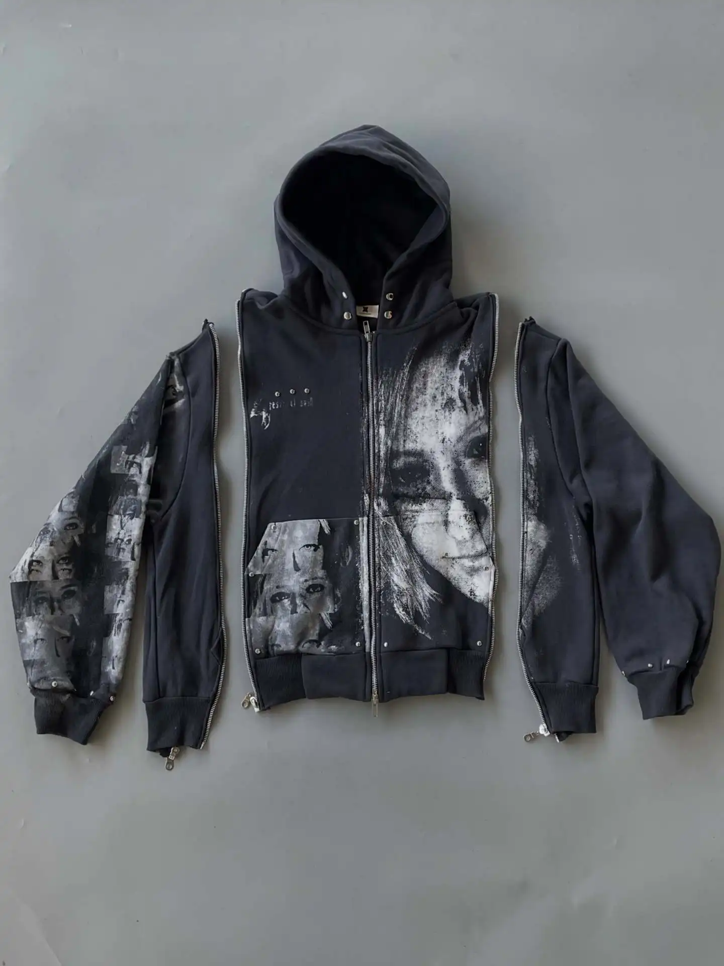 Black Hoodie with Detachable Sleeves Portrait Print Y2K Streetwear Zip-Up Sweatshirt Multi-Zippers Rivet Decoration