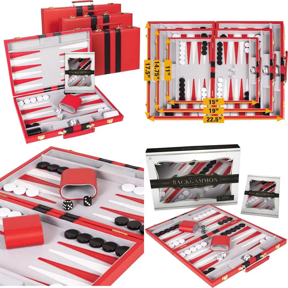 

18 Deluxe Red Leatherette Backgammon Set for Family & Travel with Accessories