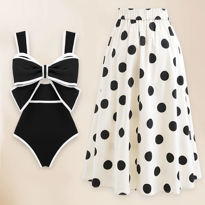 2024 Black White Retro One Piece Swimsuit Women Bow Tie Swimwear with Skirt Sexy Bathing Suit Monokini Beach Bodysuit Beach Wear