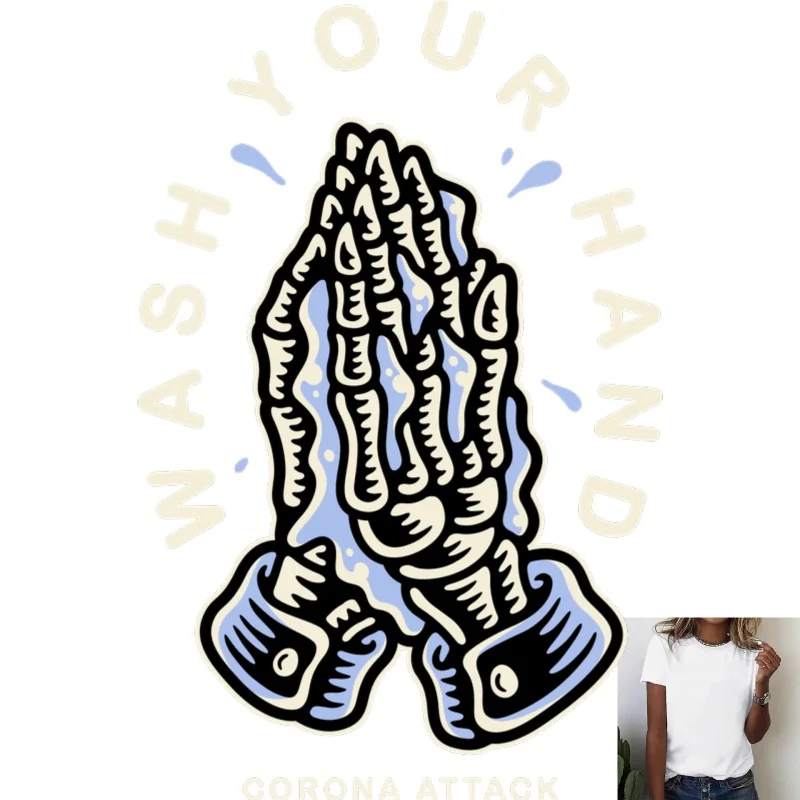 Trendy Skeleton Praying Hands 'WASH YOUR HAND' Heat Transfer White Ink Iron - on Patch, Suitable for T - shirts, Canvas Bags &