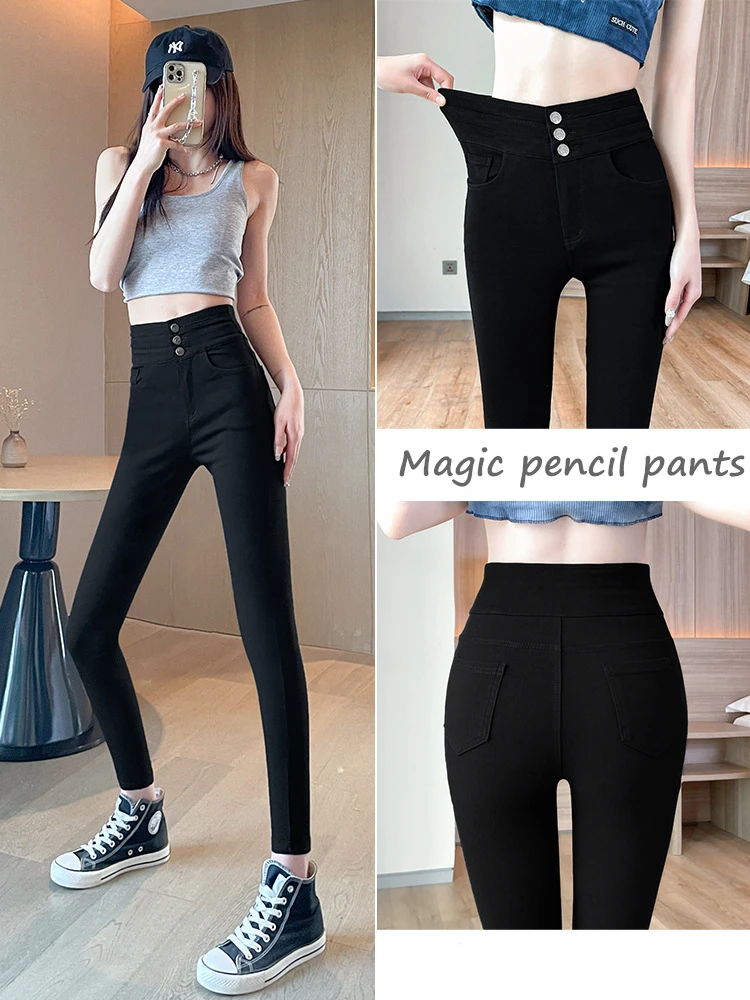 Primavera Verão Outwearing Leggings Mulheres cintura alta Stretchy Belly Gathering Calças Lápis Black Buttoned Magic Pants Body Shaping