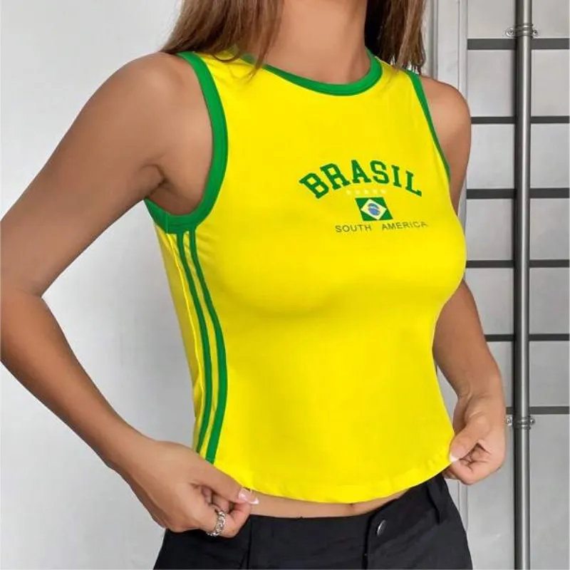 Summer Brasil Letter Pattern Print Sleeveless Tank Tops Women Crop Tops Basic Shirts Casual Sport Vest Slim Top Streetwear