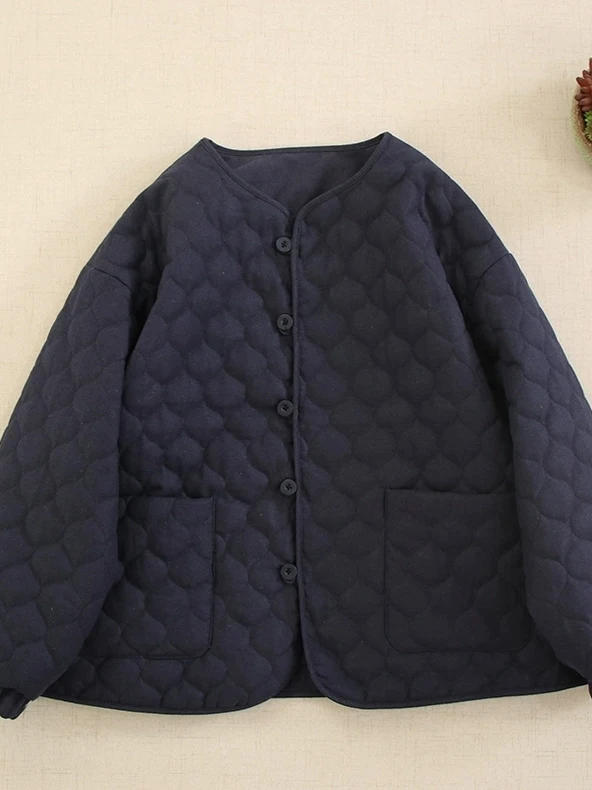 레트로 일본 스타일 여성용 짧은 면 재킷 푹신한 루즈핏 면 조끼 달콤한 숲 시스템 두꺼운 긴 소매 라운드 넥