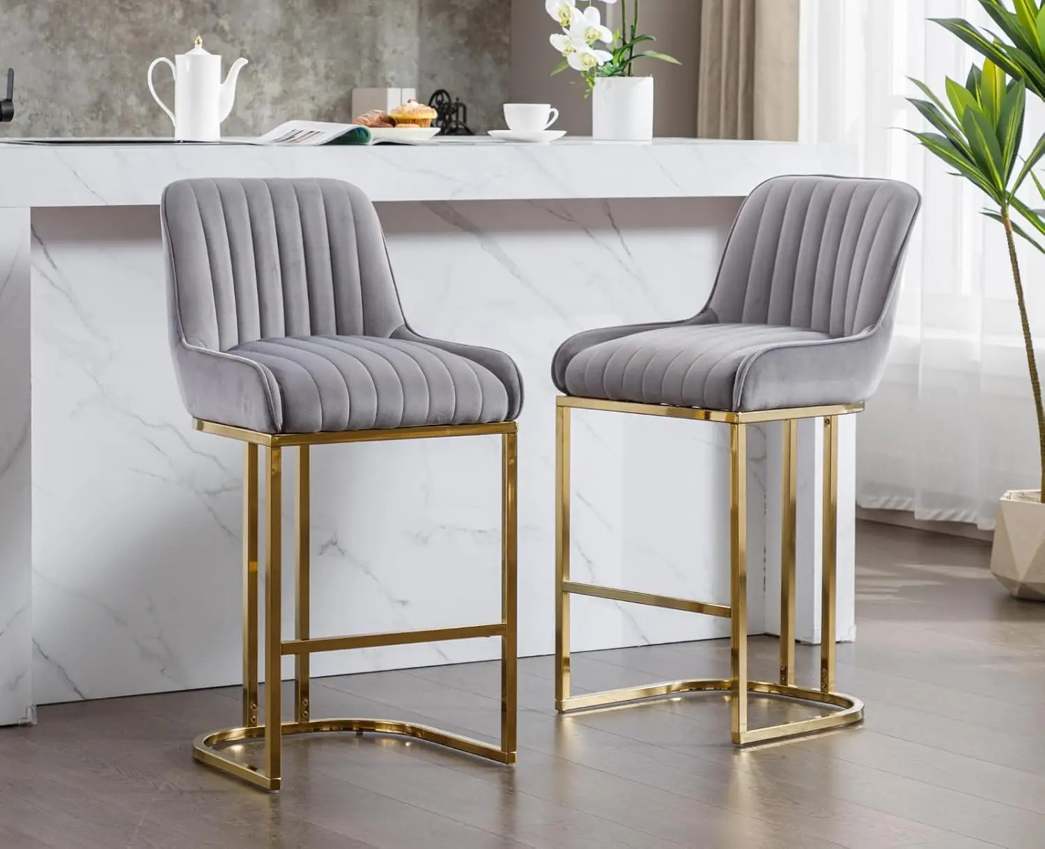 Upholstered Counter Height Bar Stools Set of 4 with Back & Gold Metal Base for Kitchen Island Restaurant Pub, Customized view 5