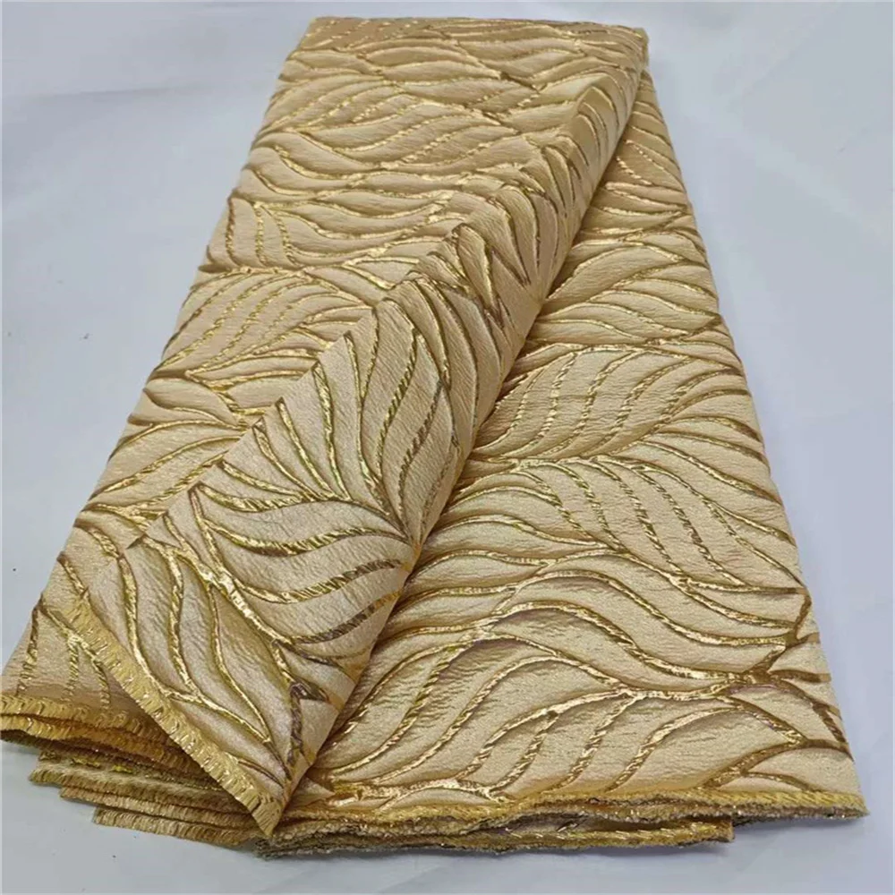 New 2024 Gold African Brocade Jacquard Fabric Floral Damask Material Nigerian Gilding Lace Cloth Brocard Tissu 5 Yards For Dress