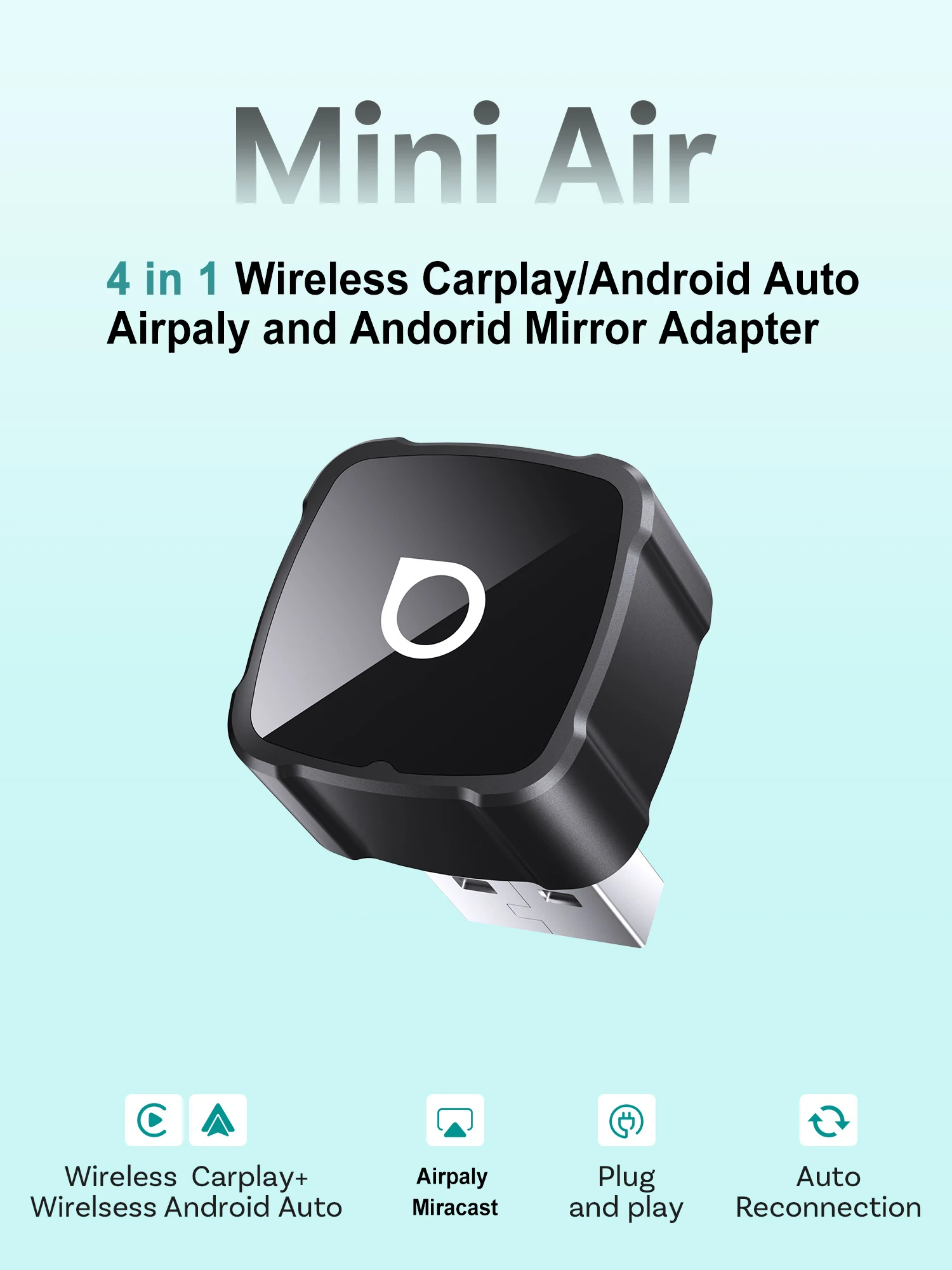 Ottocast 4-in-1 Mini Air Pro Kabelloser CarPlay Android Auto Adapter Video-Mirroring YouTube-Spiegel-Dongle für Airplay Miracast – Detail 1