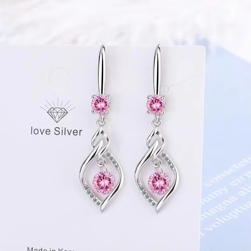925 Silver Earrings Small Fresh And Sweet Pink Zircon Hollow Geometric Earrings Are Cute Gifts For Girls