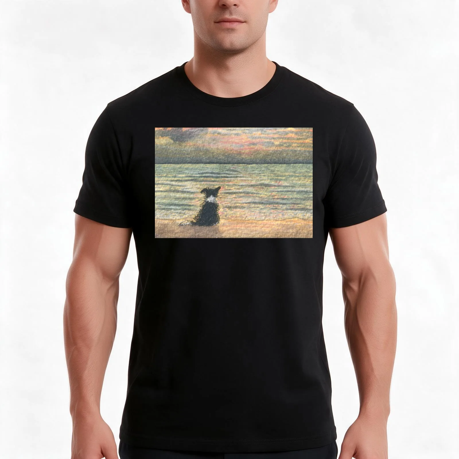 A Border collie dog gazes out over the ocean watching the sun come up greeting the morning T-Shirt Summer Casual Cotton Tee