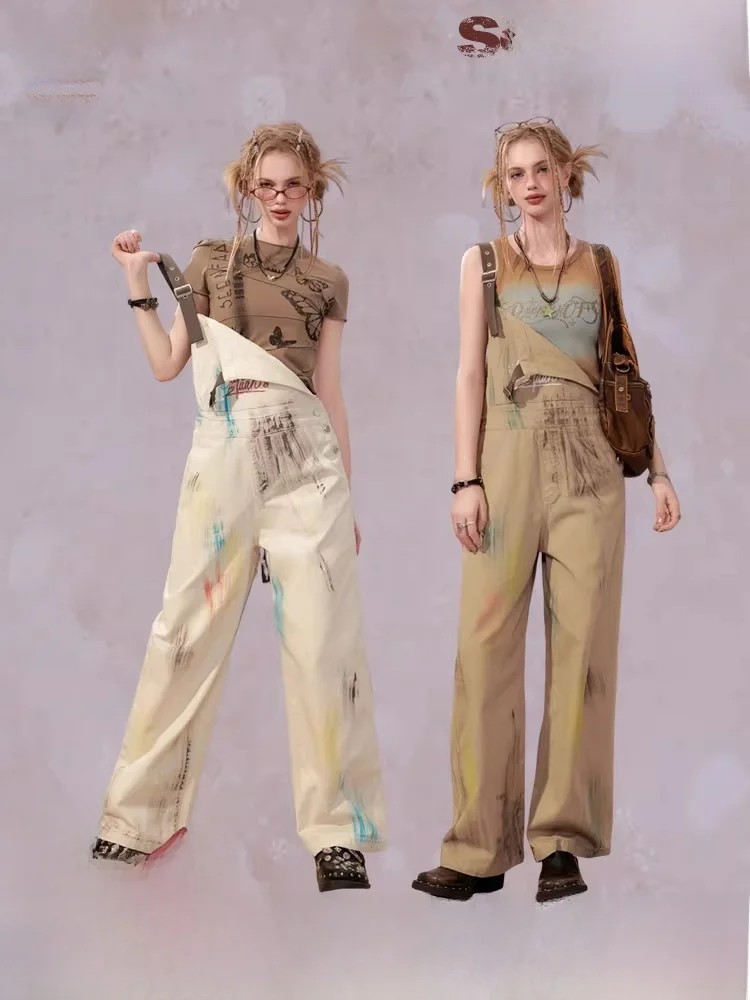 SEENFAAN 아메리칸 레트로 워크웨어 데님 오버롤 여성용 여름 신상 프린트 스트랩 팬츠 스트리트 스타일 미드 웨이스트 롱 레그