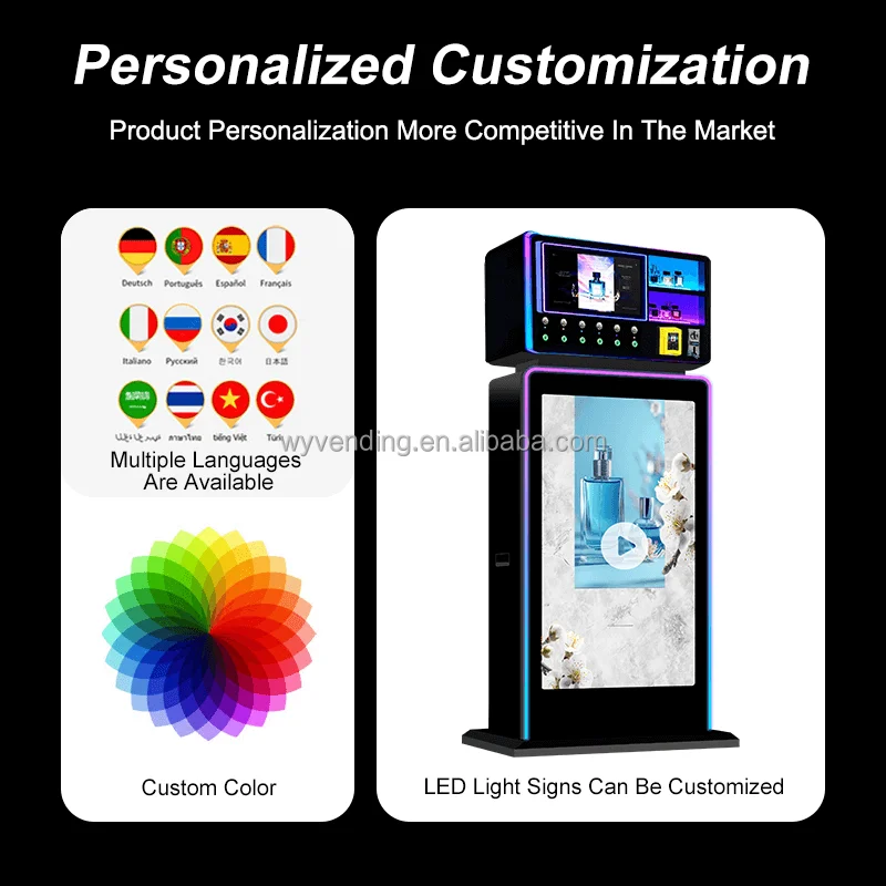 المصنع مباشرة تصميم فريد من نوعه LED ضوء رش شاشة إعلانية كبيرة كولونيا آلة بيع العطور قائما بذاته للبيع