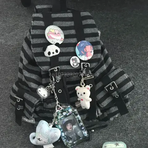 Korean Striped College Backpack Y2k Casual Drawstring Student Bags Large Capacity Versatile Tote Bags Kpop Girls Women's Bags