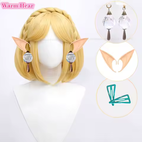 35cm Zelda Wig Princess Cosplay Wig Golden Yellow Braid Cosplay Anime Wig With Ears Heat Resistant Synthetic Party Wigs +Wig Cap