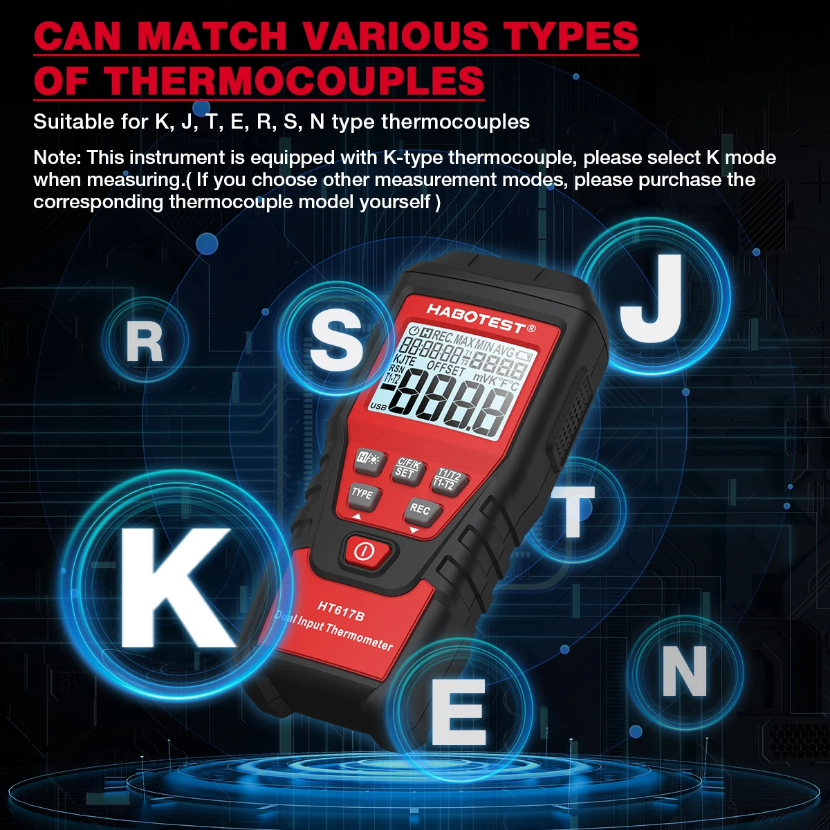 HT617B Digital Dual Channel Thermocouple Thermometer Digital Thermometer Meter Tester Suitable for Multiple Type Thermocouples