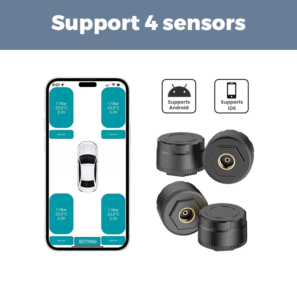 Für Apple iOS Android System Handy-App-Anzeige Auto TPMS BT 5.4 Reifendrucksensor Überwachung Motorrad Dreirad LKW