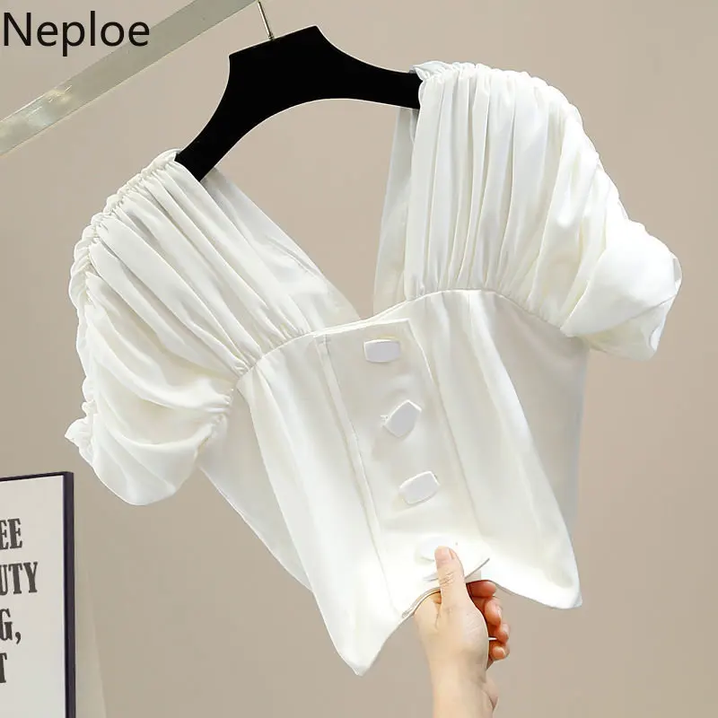 Neploe Fashionable One-Piece Blusa Back Zipper Pleated V-Neck Blouses Femme Slimming Westernized Versatile Short Satin Shirt