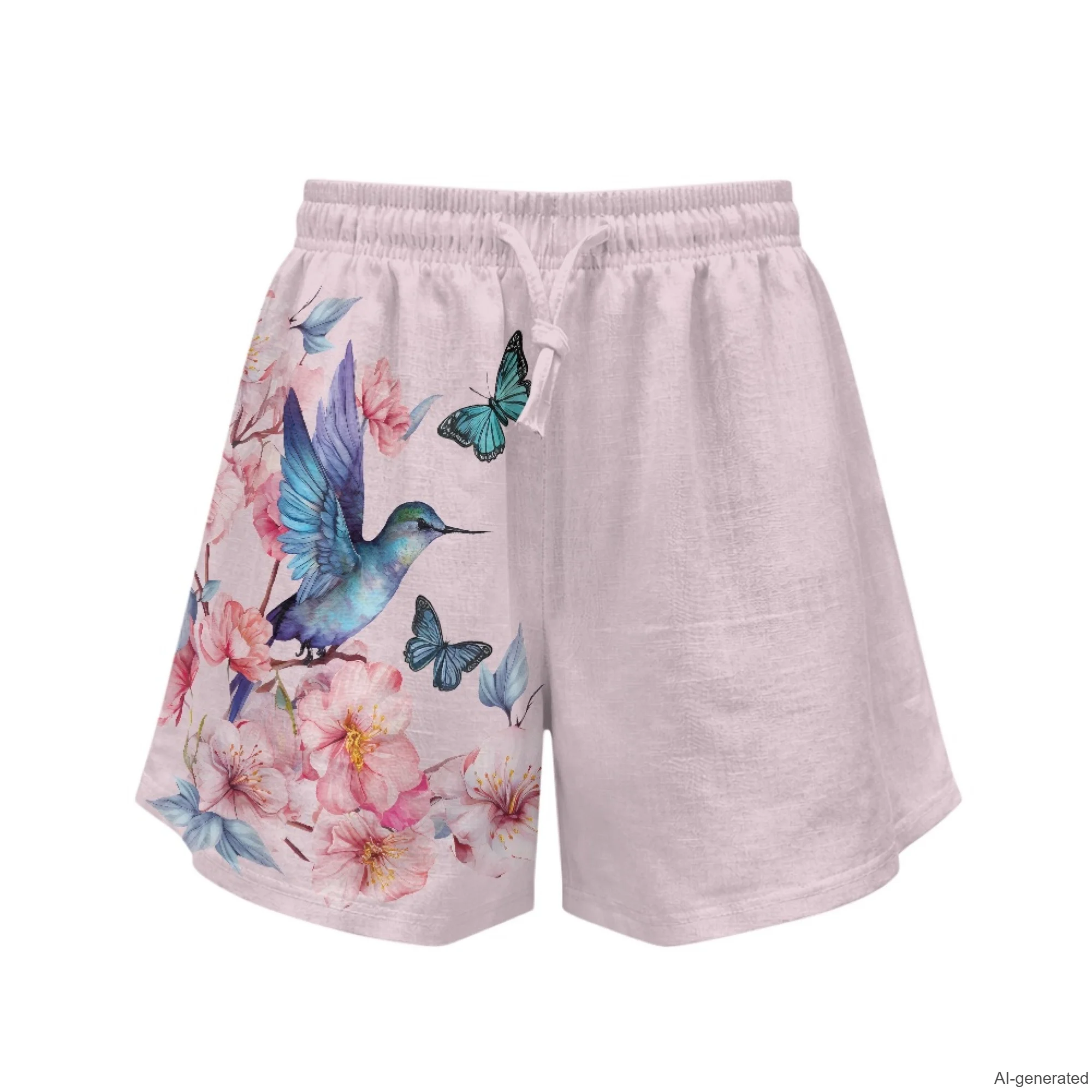 XIXIRIMIDO Women's Linen Shorts High Waisted Pants with Pocket Hummingbird Print Wide-legged Drawstring Beach Vacation Shorts