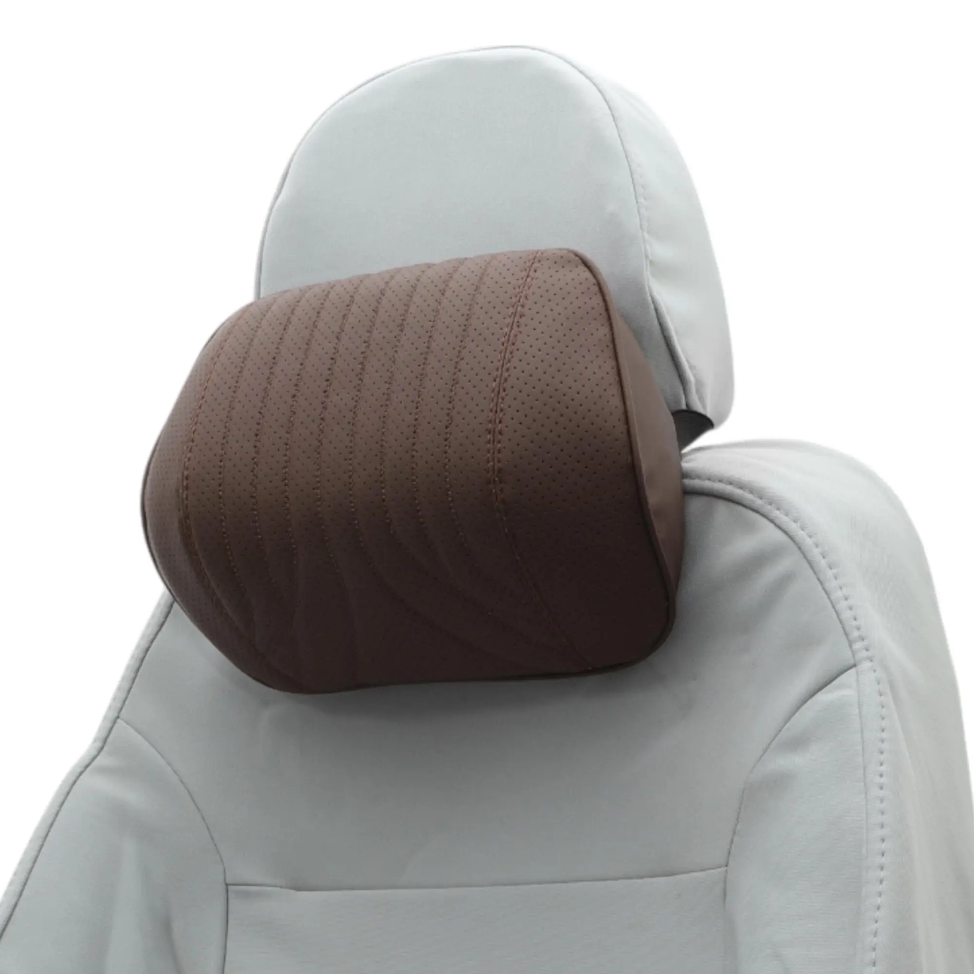 

Brown Perforated Leather Memory Foam Car Headrest Cushion With Adjustable Width For Comfortable Driving And Travel