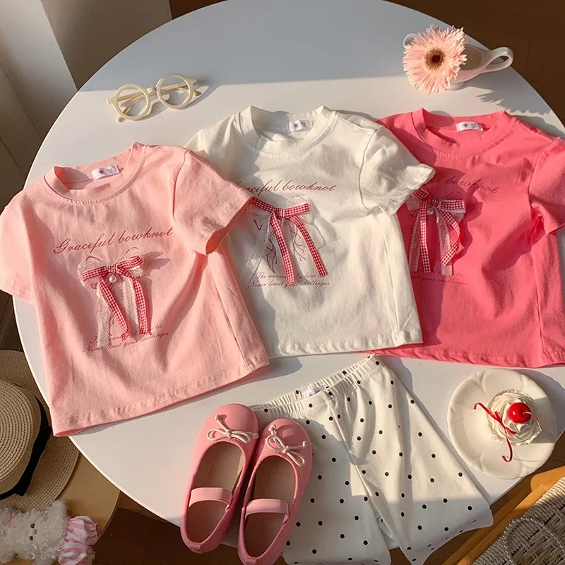 Mädchen-T-Shirt aus Baumwolle mit 3D-Schmetterlingsknoten, kurzärmelig, rosa, Rundhalsausschnitt, lässig, süß, für den Alltag, für Kinder