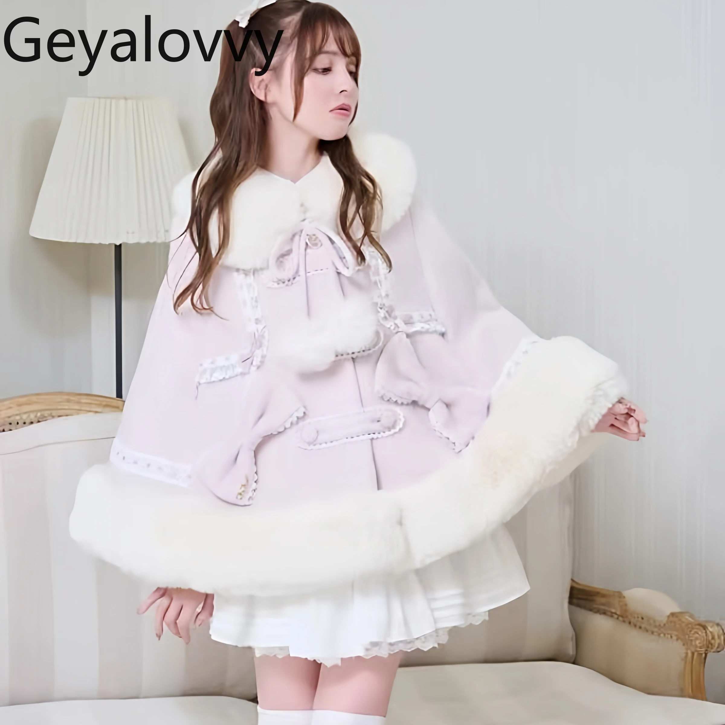 Japanese Style Liz Bowknot Pom-Pom Lace-up Double-Breasted Cape Coat Winter New Sweet Girls Versatile Warm Cute Cloak Jacket