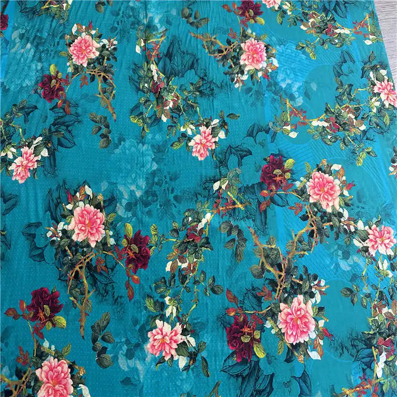 1 meter 100% Mulberry Silk 17 momme Crepe Silk Fabric Peacock Blue Floral Printed 110cm 43