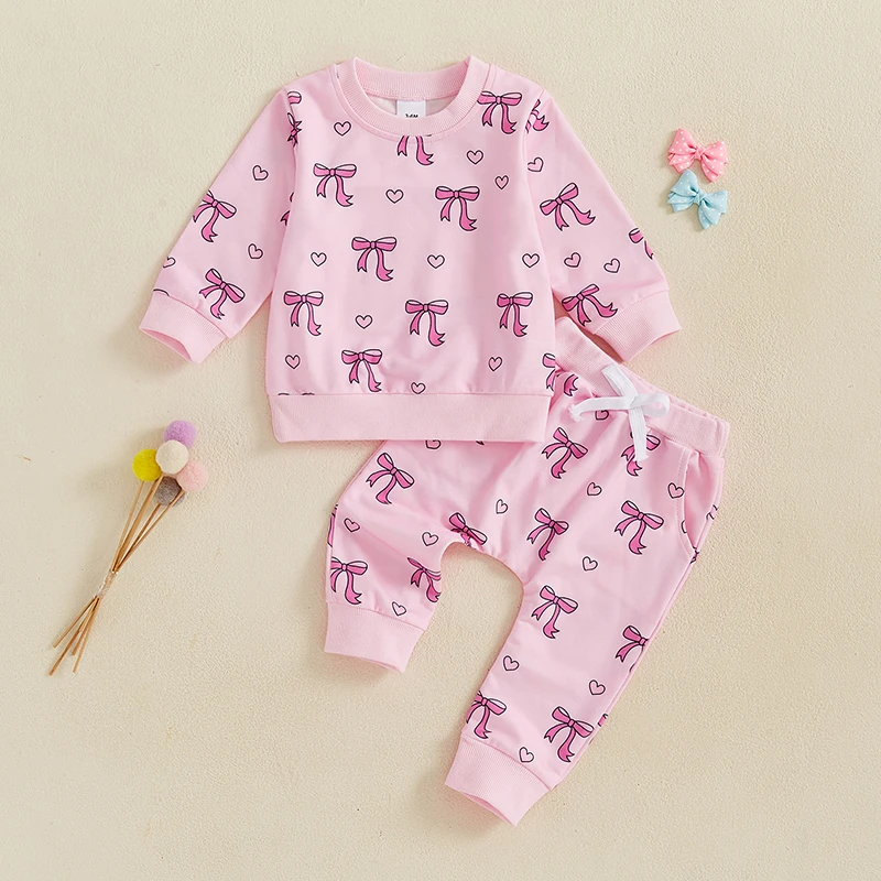 Baby Girls 2-piece Outfit Bow Print Long Sleeve Crew Neck Sweatshirt with Elastic Waist Sweatpants Fall Clothes image 2