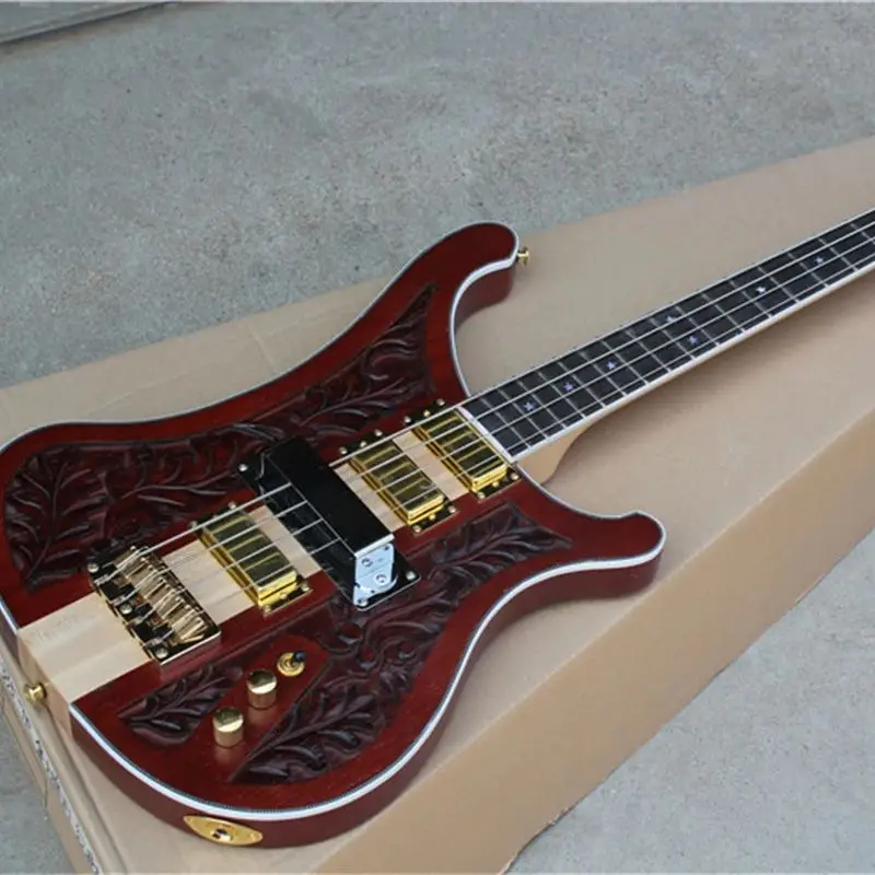 Rickenbacker bass electric guitar with red carved pattern and high-quality chrome alloy hardware, gold accessories