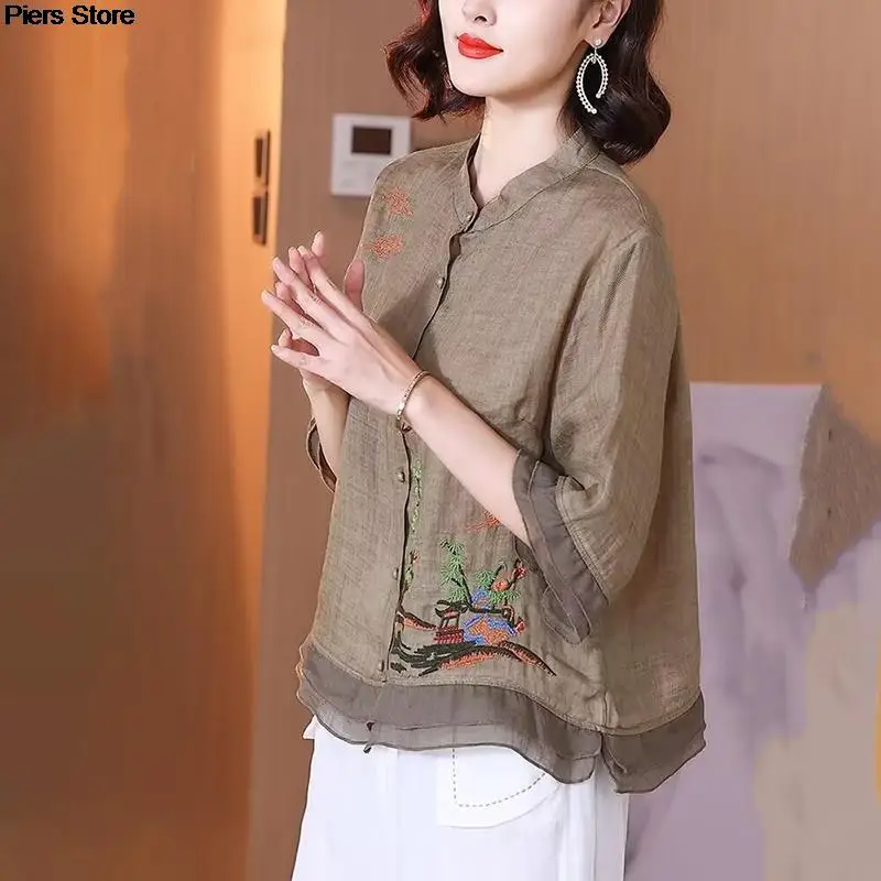 Blusa informal holgada Hanfu de media manga para mujer, camisa Oriental de estilo chino tradicional, ropa de primavera, talla grande