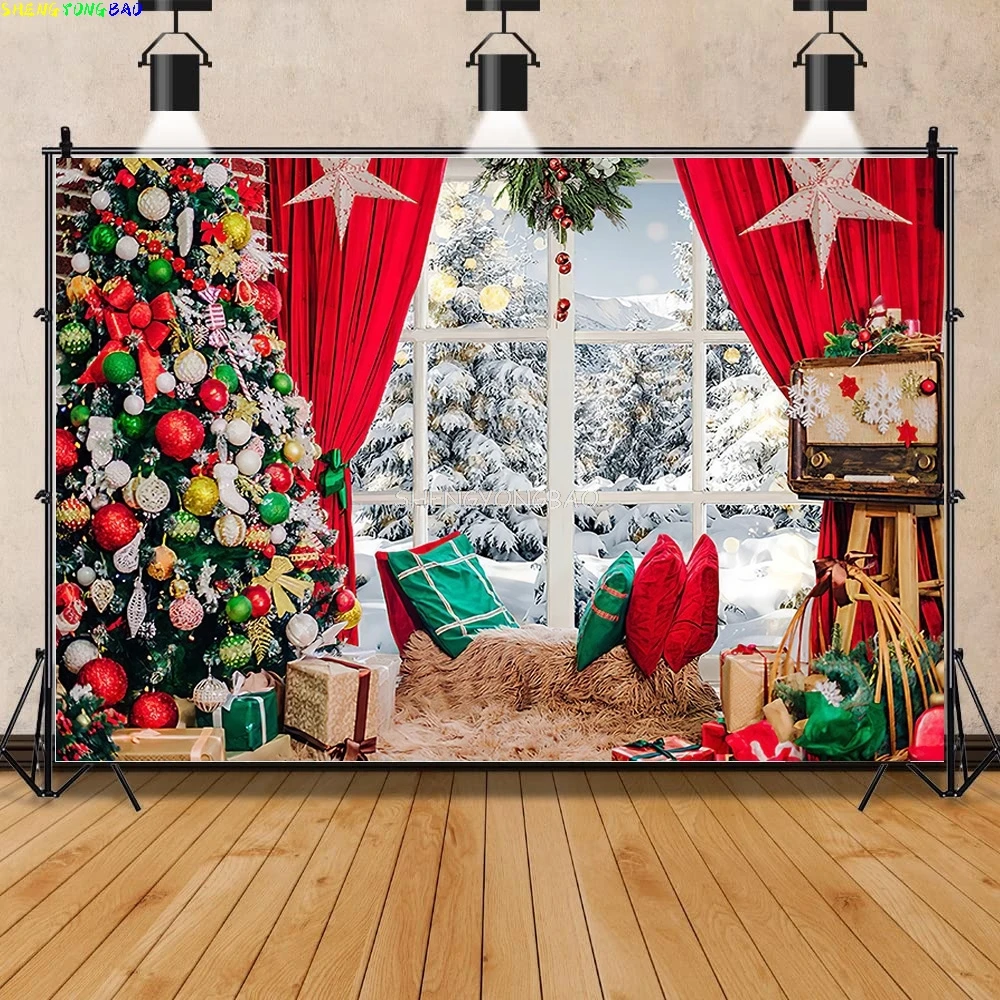 

Vinyl Custom Christmas Tree Window Wreath Photography Backdrop Wooden Doors Snowman Cinema Pine New Year Background Prop ANT-03