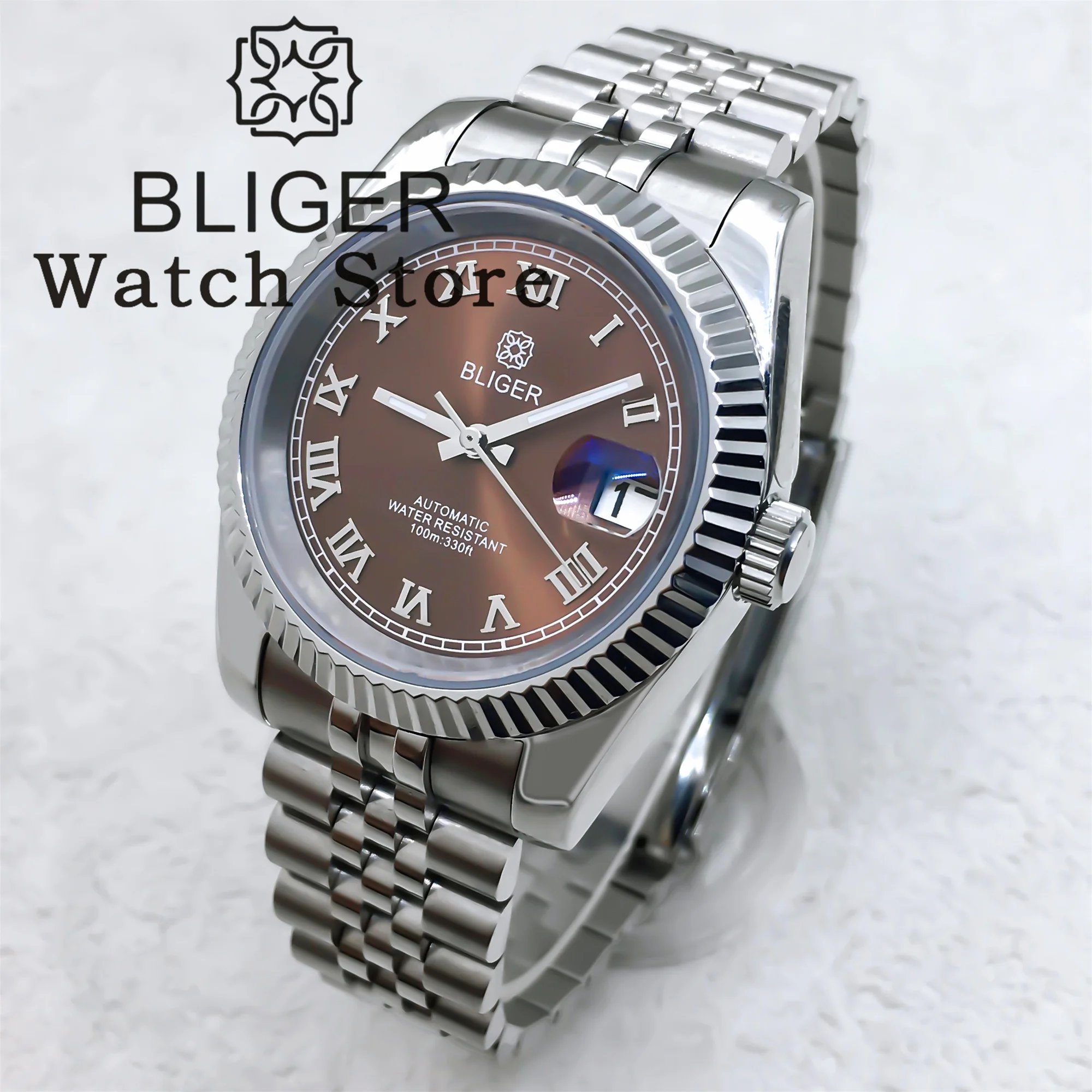 

BLIGER 36mm 39mm NH35A Automatic Watch For Men Fluted Coffee Dial Silver Roman Index Luminous Sapphire Crystal Deep Waterproof