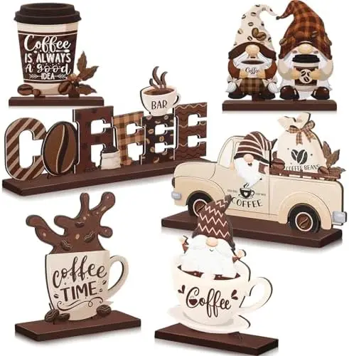 

Blosssound 6-Piece Coffee Bar Decor Set – Rustic Wood Tray, Farmhouse Gnomes & Table Signs for Kitchen Decor