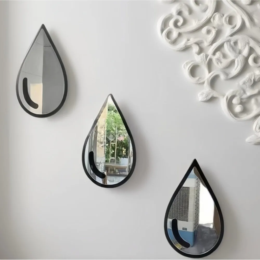 3Pcs Self-Adhesive Acrylic Mirror Wall Stickers Black Frame Waterproof Teardrop-Shaped Mirror Wall Mount Minimalist