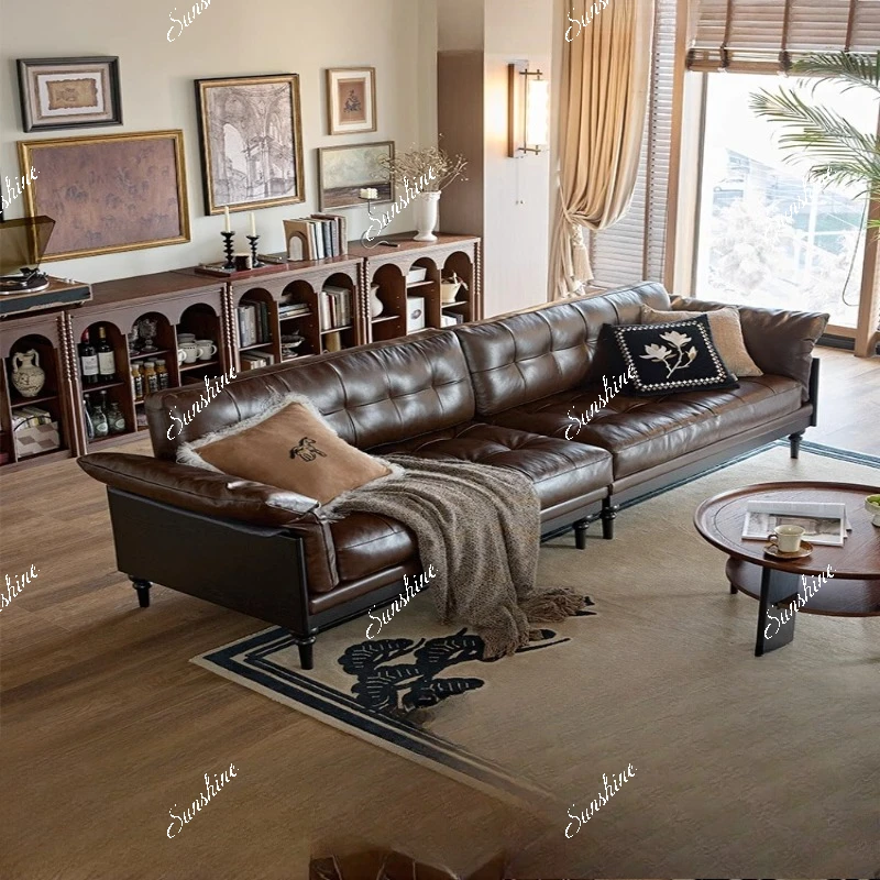 Living room American new black high-end straight row solid wood leather