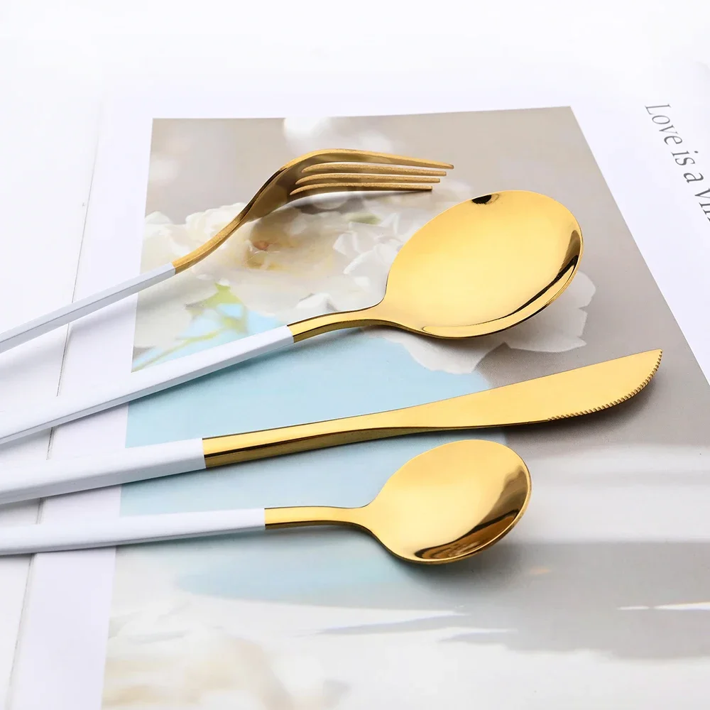 Mirror White Gold Dinnerware 16Pcs Cutlery Set Stainless Steel Silverware Knife Spoon Fork Flatware Dinner Fork Tableware Set